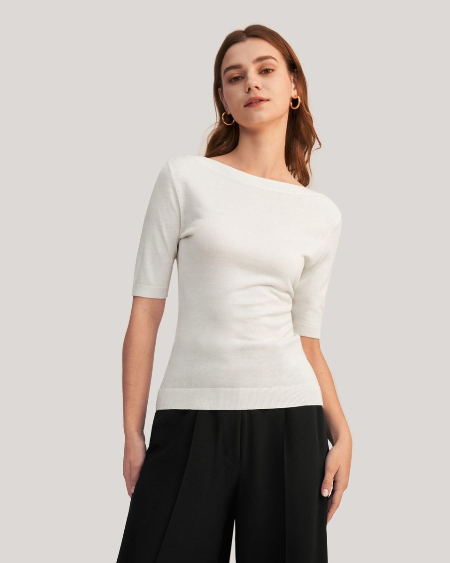 Damen Lilysilk Oberteile | Vielseitiges Seidenstrick T-Shirt Mit U-Boot-Ausschnitt