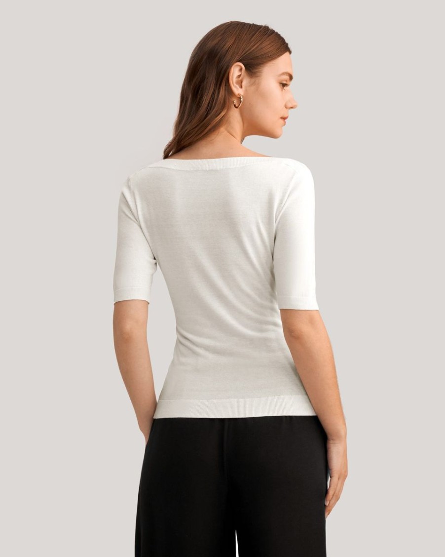 Damen Lilysilk Oberteile | Vielseitiges Seidenstrick T-Shirt Mit U-Boot-Ausschnitt